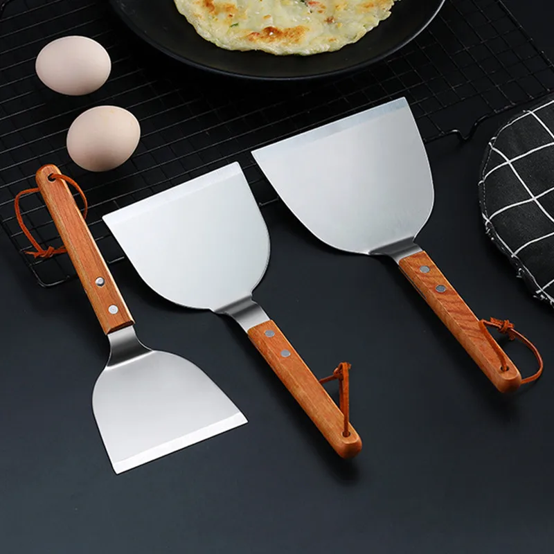 Okonomiyaki Spatula - ตะหลิวสแตนเลสสตีลด้ามไม้เทปปันยากิตะหลิวทอดปลากันลื่นอุปกรณ์ทำอาหารในครัว
