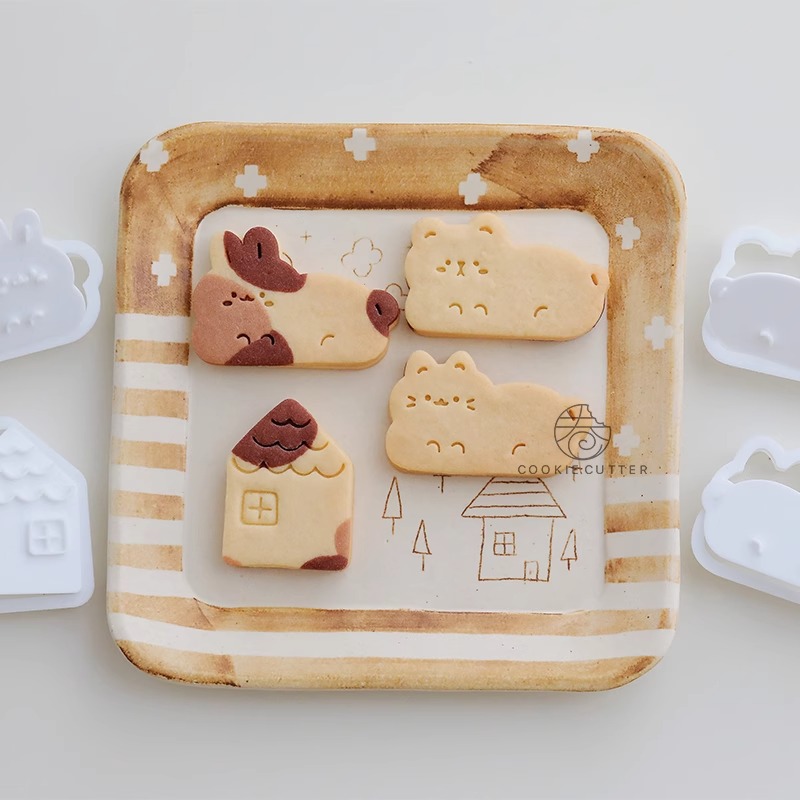Bunny Cake Mold - การ์ตูนสัตว์เครื่องตัดคุกกี้สัตว์น่ารักแมวกระต่ายหมีบิสกิตแสตมป์ลายนูนเครื่องมือเค้กตกแต่งบ้านบิสกิตแม่พิมพ์