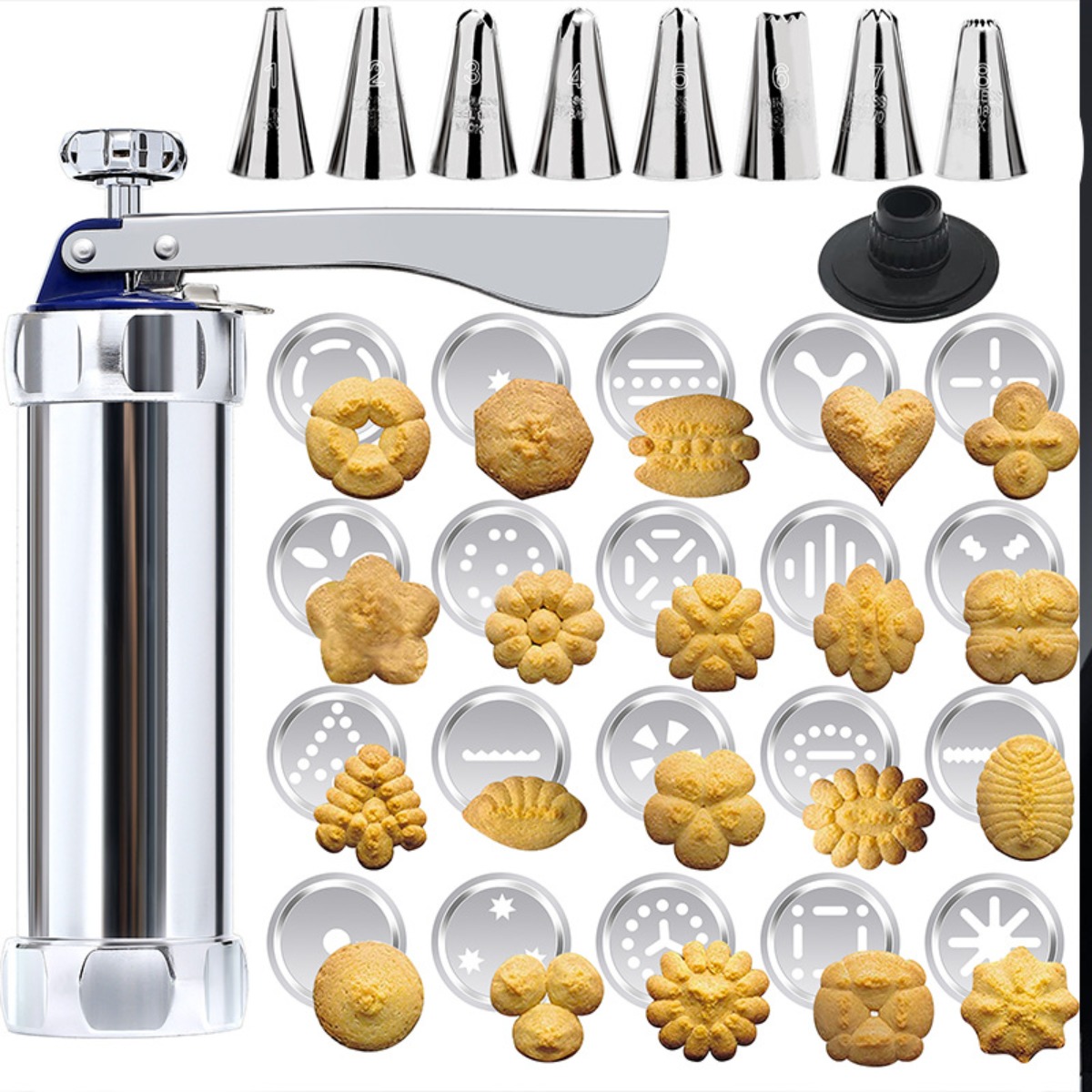 Churros Maker Gun - ชุดเครื่องทำคุกกี้สแตนเลสพร้อมด้ามจับเสริมความแข็งแรง, ปืนทำคุกกี้พร้อมแผ่นกด 20 ชิ้น, หัวบีบครีม 8