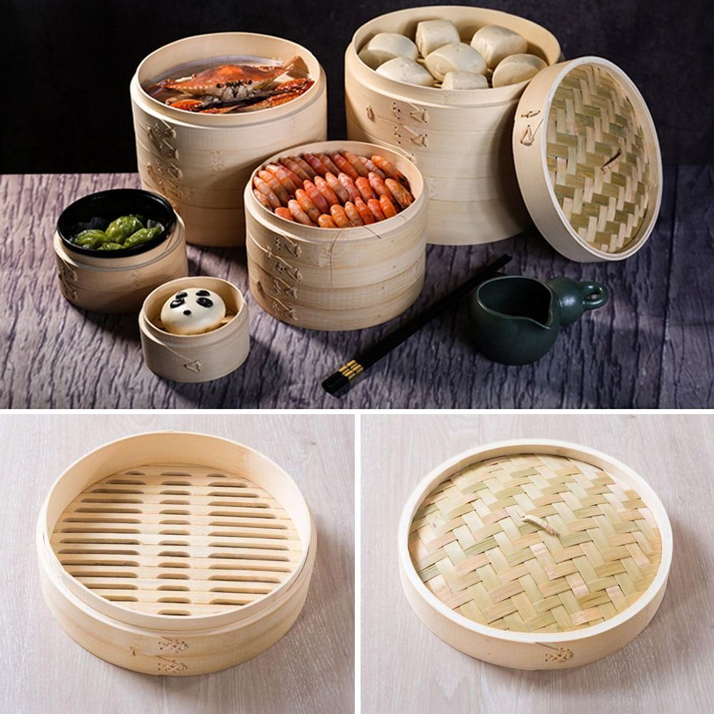 Bao Steamer Bamboo - หวดไม้ไผ่จีนมีฝาปิดสำหรับทำอาหารซาลาเปาซาลาเปาต้มผักติ่มซำตะกร้านึ่งขนมขบเคี้ยว